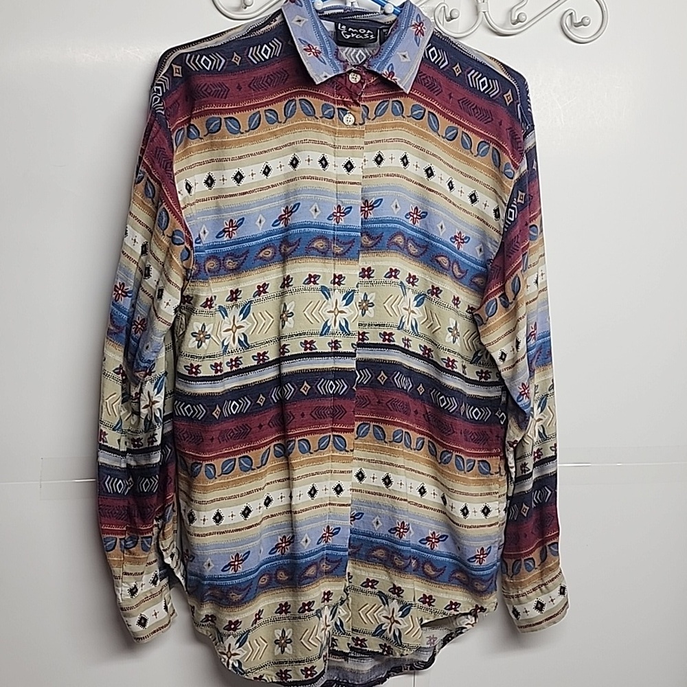 Lemon Grass 100% Cotton Colorful Striped Hidden Button-Down Shirt Sz L